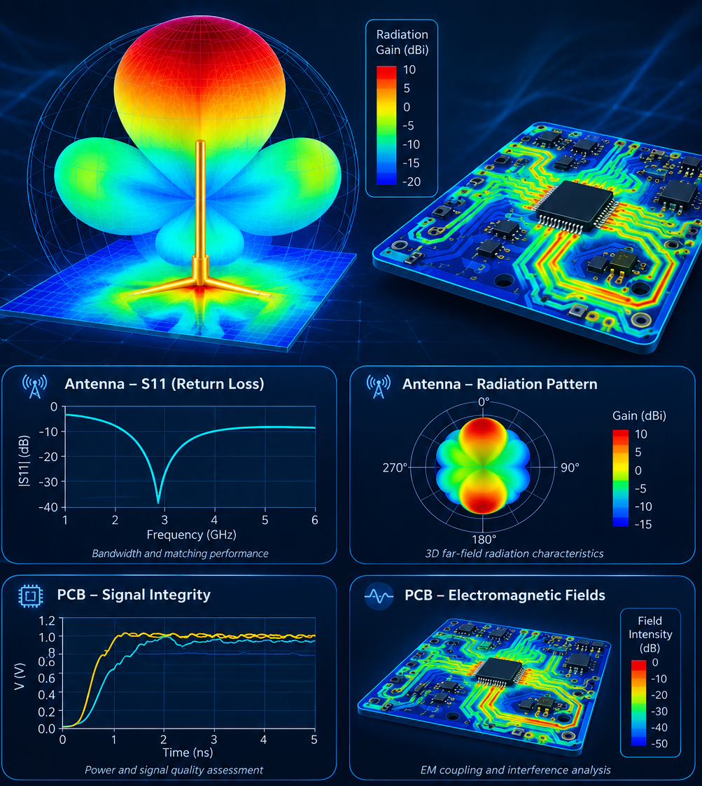 Dreidimensionales Simulationsnetz und Feldplot einer elektromagnetischen Simulation