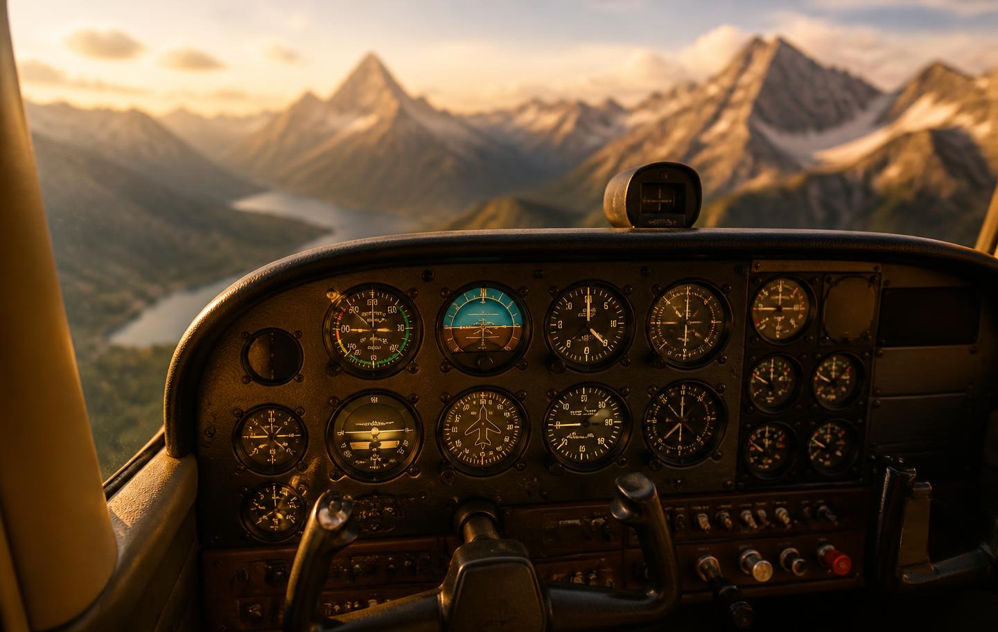 Einmotoriges Kleinflugzeug im Flug über schneebedeckten Alpengipfeln im Morgenlicht